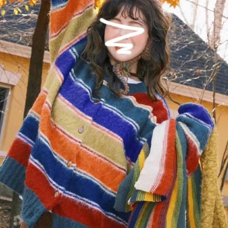 Women Colorful Striped Round Neck Sweater Japanese Retro Fashion Round Neck Cardigan Autumn Loose Lady Single Breasted Top