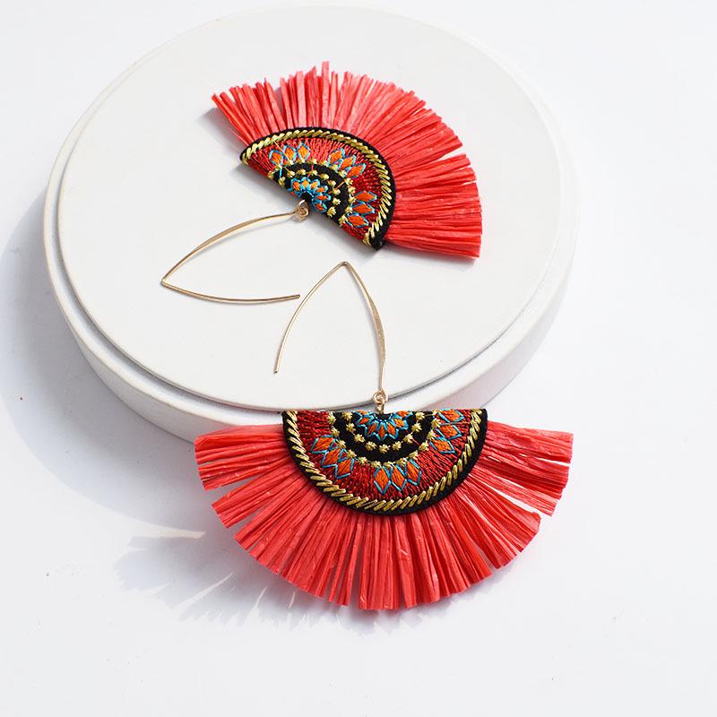European & American Retro Raffia Tassel Stud Dangle Earrings