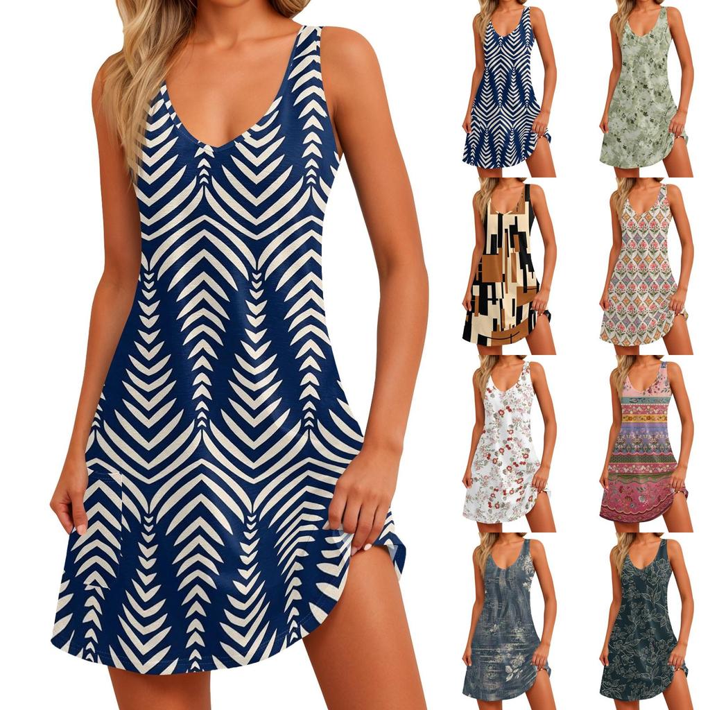Abito da donna casual alla moda con scollo a V, senza maniche, stampa floreale, tasca laterale
