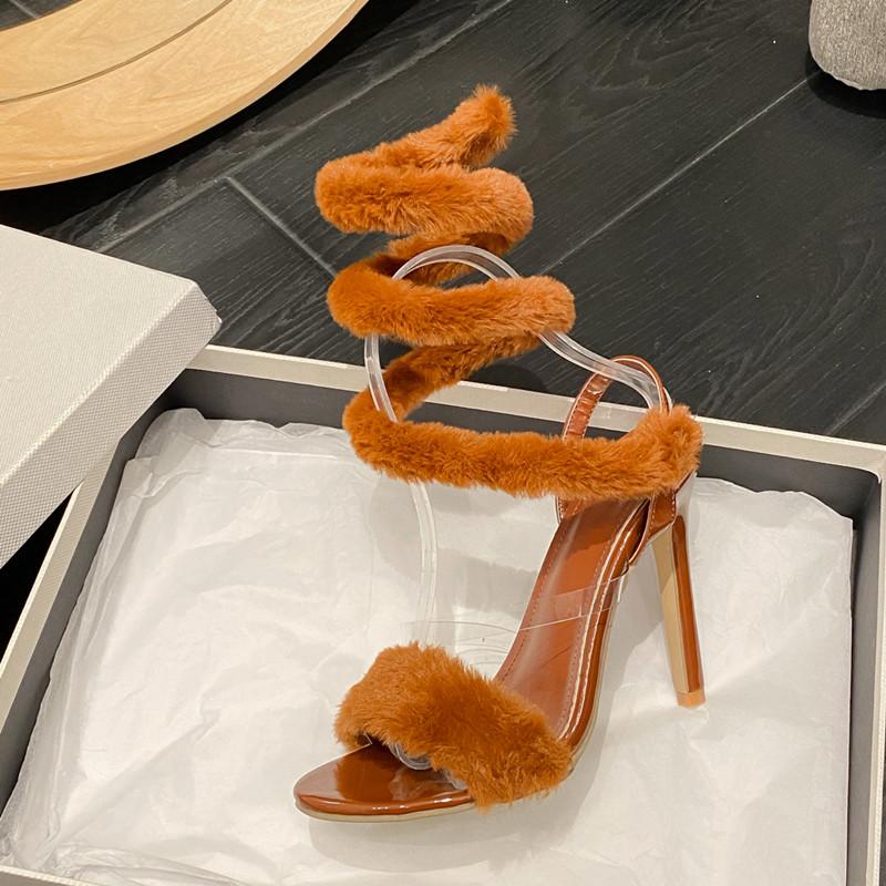 Fashion Ins style Furry fur Serpentine winding Women Sandals Sexy Ankle strap High heels Gladiator sandals Summer Female Pary Prom Shoes