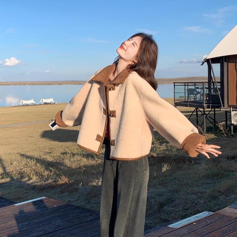 

Осінньо-зимовий поло-водолазка вільний повсякденний печворк кардиган пальто жіночий овечий фліс всесезонний верхній одяг топ S кавовий