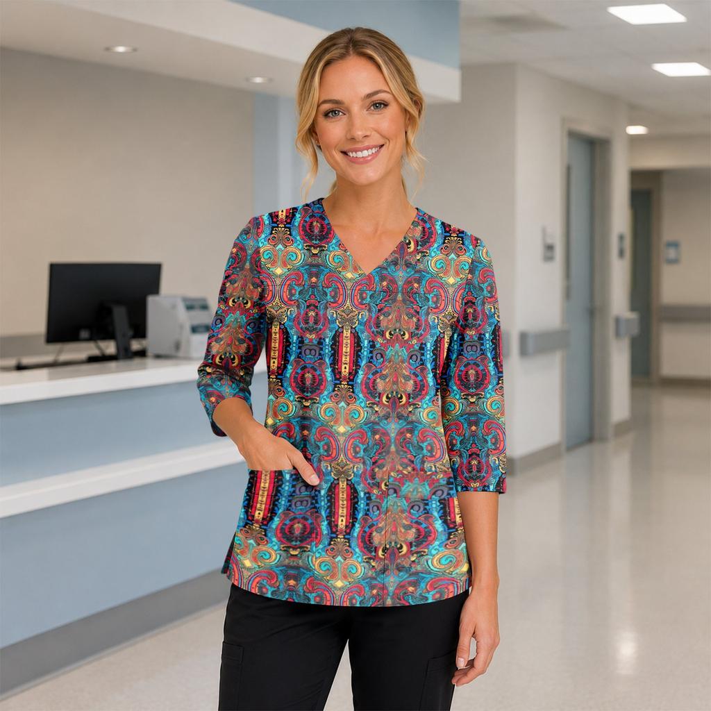Women's Floral Print V-Neck Scrub Top with Pockets and Side Slits, Three-Quarter Sleeves