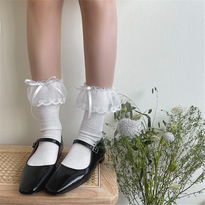 Fashionable Ruffle Mesh Splicing Ankle Socks with Bows Detail Breathable Elegant Solid Color Middle Tube Socks for Women