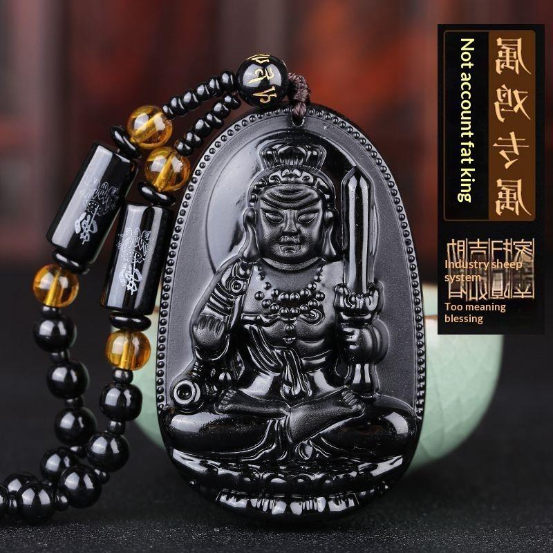 Black Obsidian Buddha Pendant Carved Design Beaded Chain Daily Wear Lucky Gift For Men Women