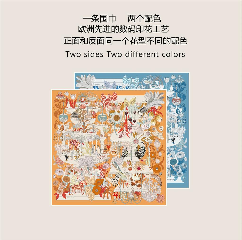 90cm Hand Rolled Twill Silk Scarf Women Cake Pan Animals Double Print Square Scarves Wraps Echarpes Foulards Femme Hijab