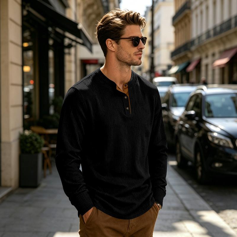 Men S Long Sleeve Corduroy Henley Shirt Slim Fit Casual Top S