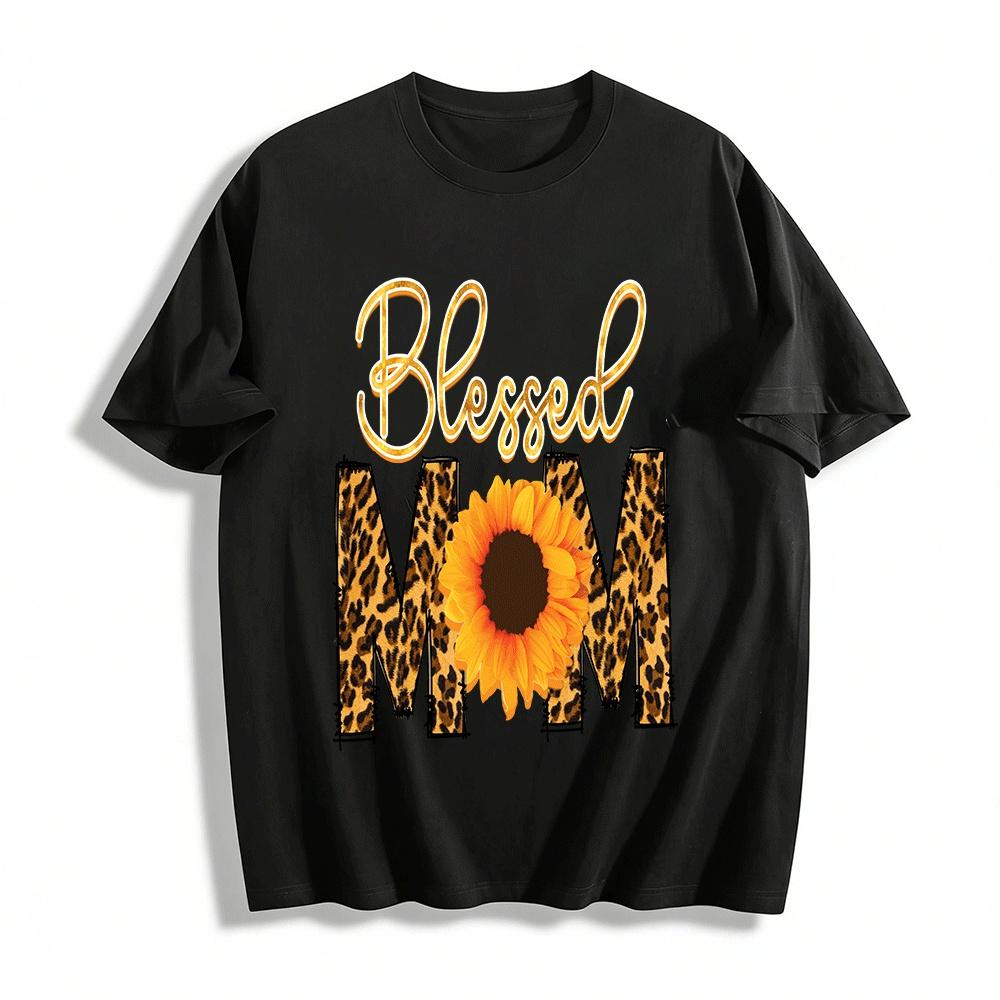 Blessed Mom Leopard Print Sunflower Casual Graphic Tee Pure cotton T-shirt XXS