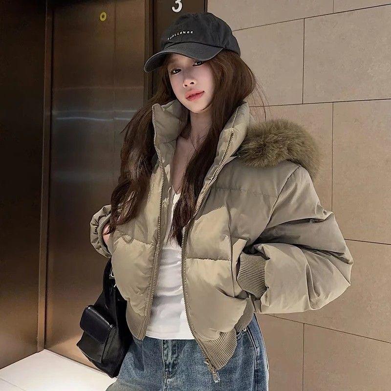 Jachetă de damă 2025 de modă cu puf de rață albă și guler de blană - Scurtă, groasă, stil coreean, palton de iarnă