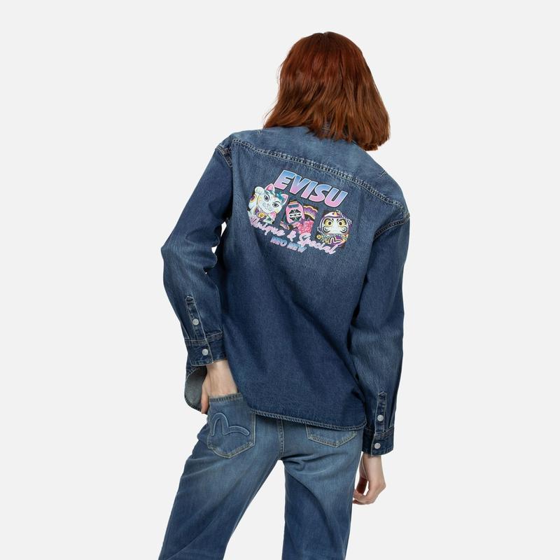 Evisu SS24 Camicia in Denim con Tasca Embossed a Marchio e Multi-Stampa Camicie Unisex Blu Denim 2ESHTW4SL4106BFDN