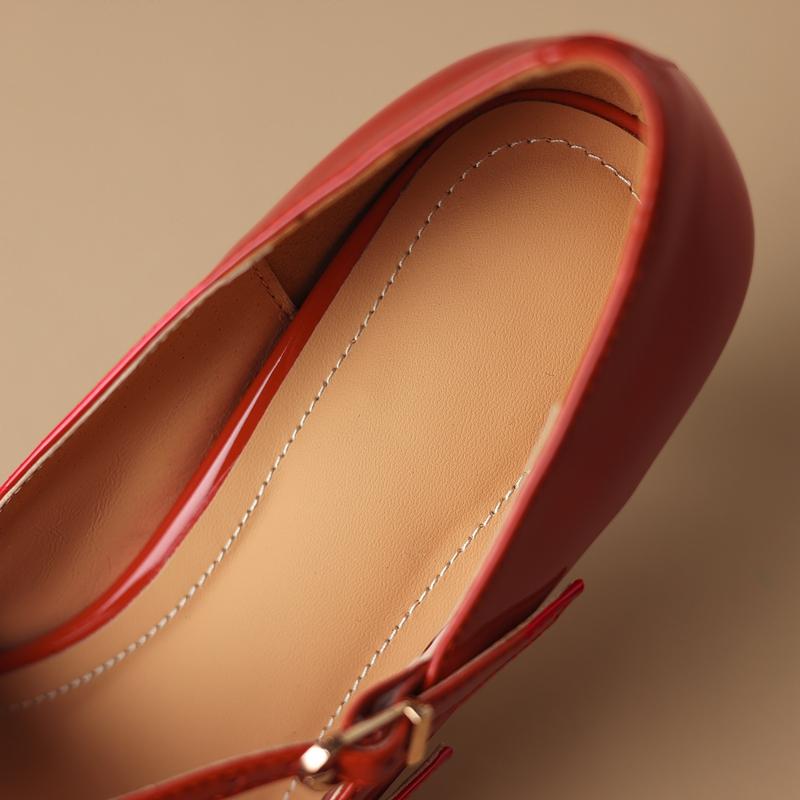 Fashion Women's New Spring and Autumn Genuine Leather Sheepskin Pointed Three Row Buckle High Heel Large Mary Jane Work Single Shoes