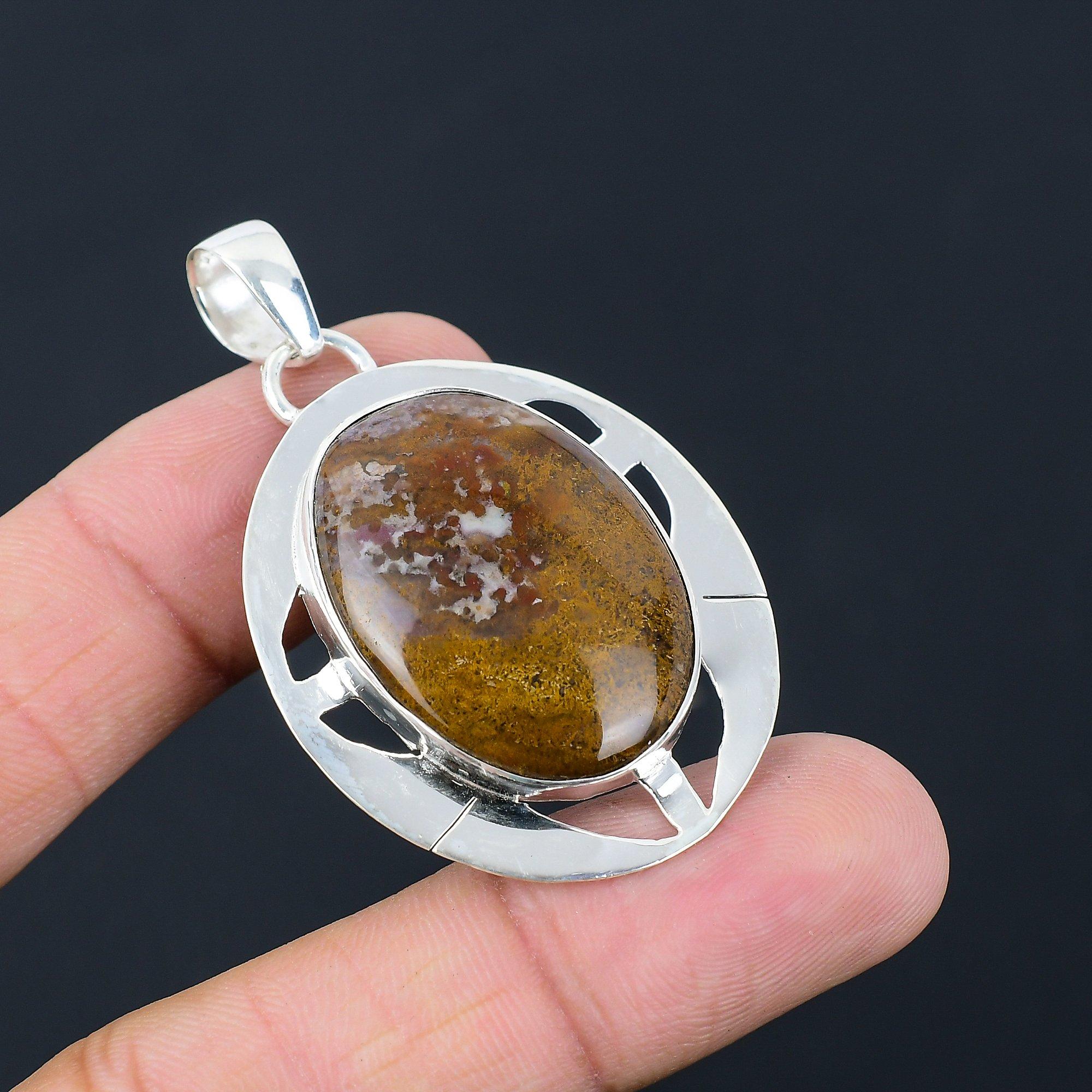 Natural Plume Agate Gemstone Pendant Brown 925 Sterling Silver Indian Jewelry
