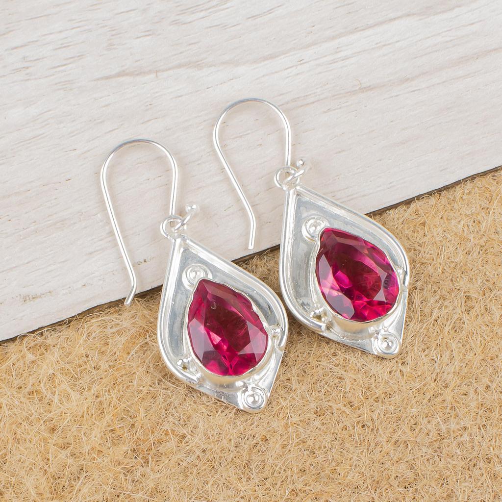 Pendiente de Turmalina Rosa de Plata de Ley Sólida 925, Pendiente de Joyería de Piedra Preciosa Hecho a Mano, Para el Día de los Caídos