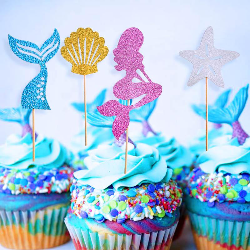 Little Mermaid Happy Birthday Cake Topper Mermaid Party Cupcake Toppers Girl Baby Shower Kids Birthday Party Wedding Decoration
