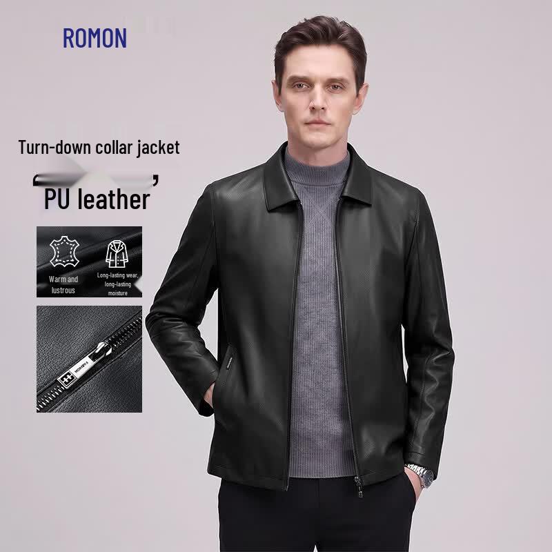 Romon Men s PU Leather Lapel Jacket 4XL (195)