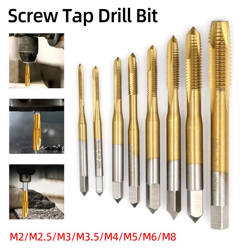 Machine Thread Tap Drill Bit HSS 6542 Titanium Metric Screw Machine Taps Straight Flute Hand Tool M2/M2.5/M3/M3.5/M4/M5/M6/M8