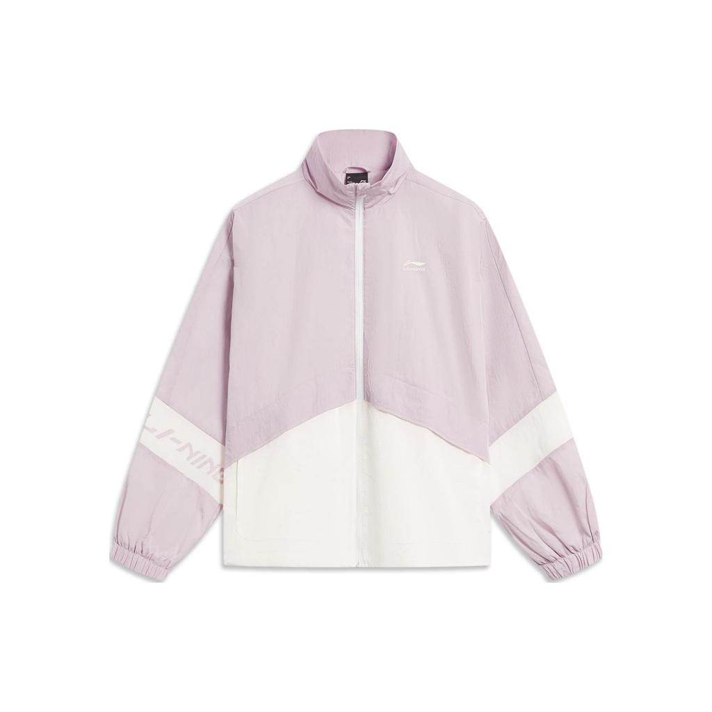 Li-Ning Color Block Stand Collar Loose Sports Jacket Women Jacket Silk-Purple Cream-White AFDT880-2
