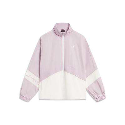 Color Block Stand Collar Loose Sports Jacket Women Jacket Silk-Purple Cream-White AFDT880-2