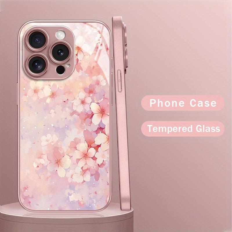 Art Cherry Blossoms Pattern Metallic Paint Glass Hard Phone Case For iPhone 17 Pro Max 11 12 13 14 15 16 Plus 16E 17Air Cover