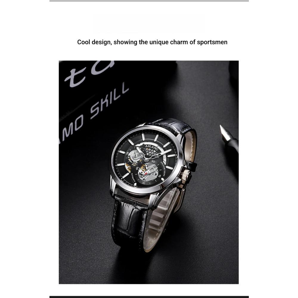 AILANG Men Automatic Mechanical Wristwatch Hollow Skeleton Dial Stainless Steel Band Business Sport Male Watch