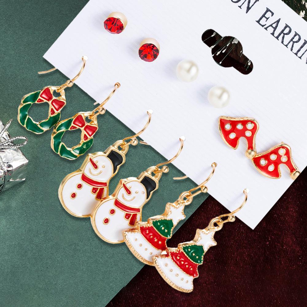 6 Piece Set Ladies Christmas Series Style Earrings Christmas Tree Snowman Pattern Fashionable Temperament Earrings Accessories