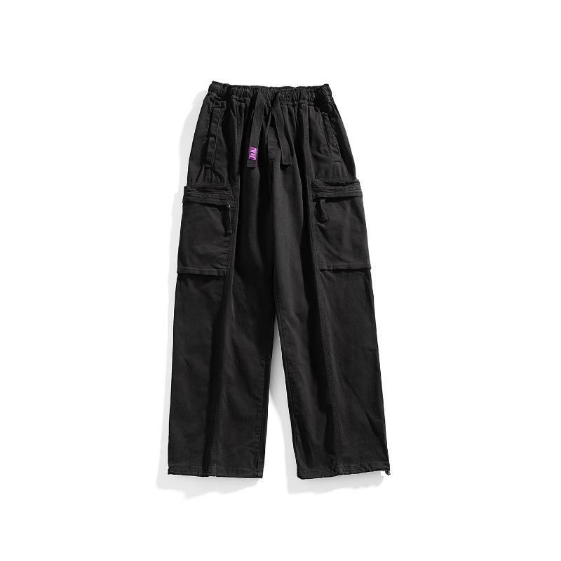 

Simple large pocket design casual pants loose elastic straight wide-leg pants pure cotton solid color windproof overalls men 3XL чёрный