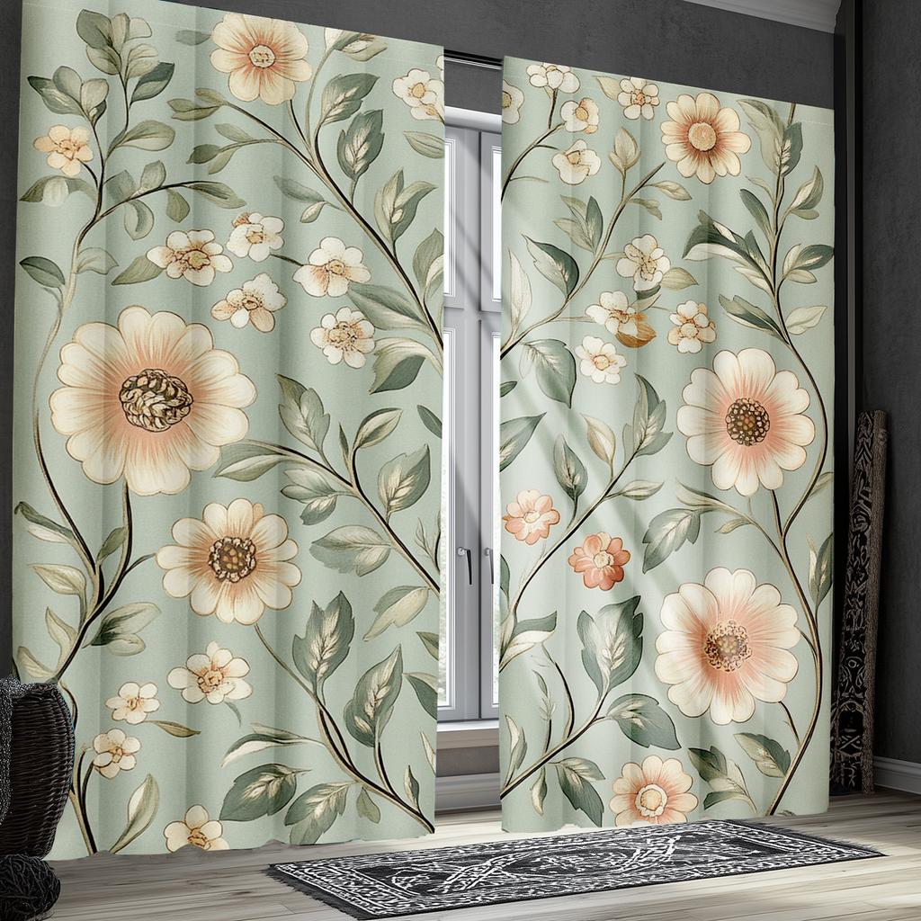 2pc Light green floral pattern curtains, polyester fabric, machine washable, suitable for living room/bedroom decoration