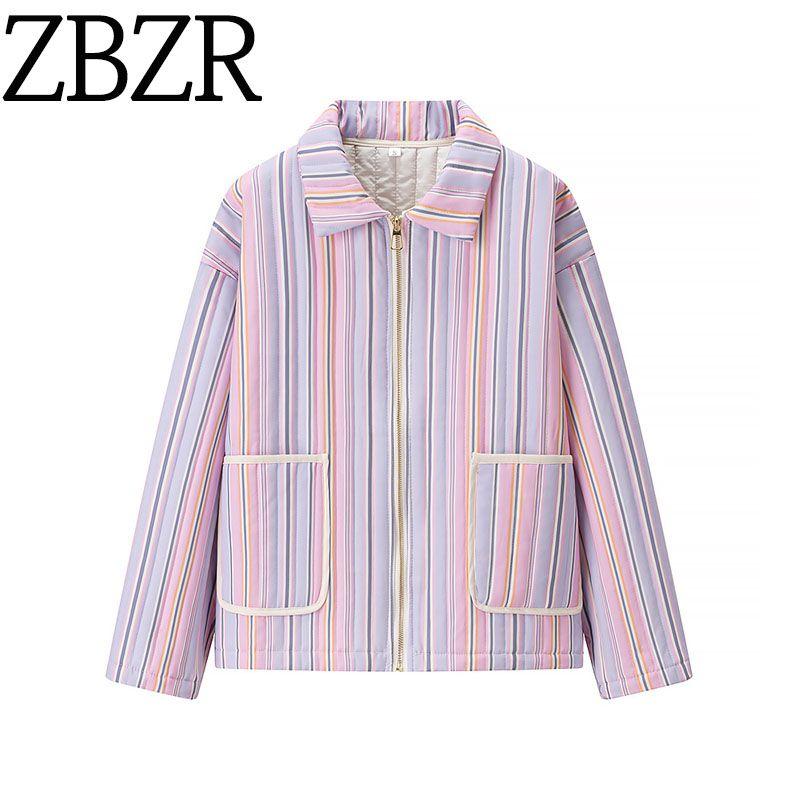 Counter Same Zbzr Autumn New Women Clothes Western Style Fashion Design Basic Stripe Cotton-Padded Coat Outerwear
