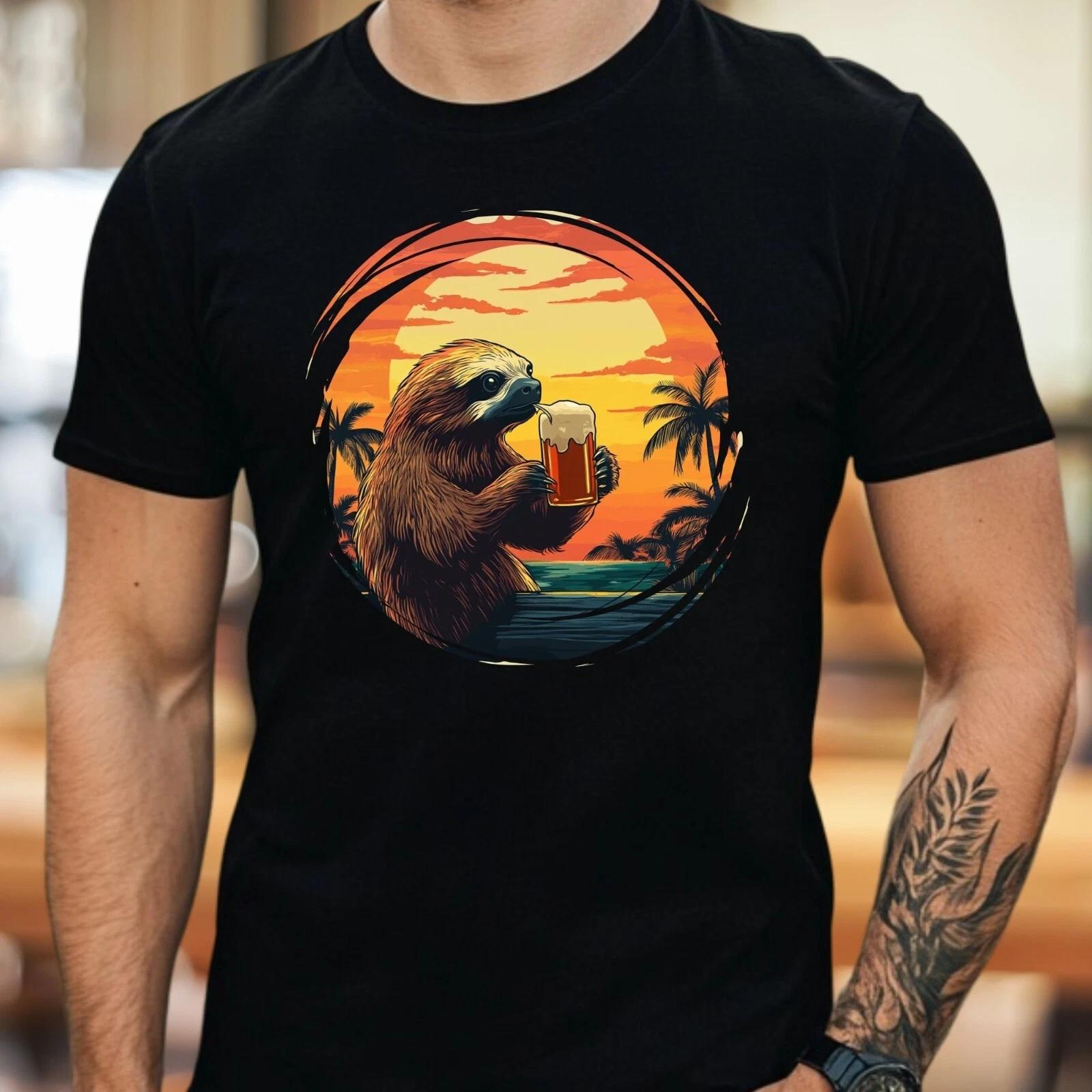 T-Shirt Herren Faultier trinkt Bier Motiv Baumwolle Größe S bis 5XL XS
