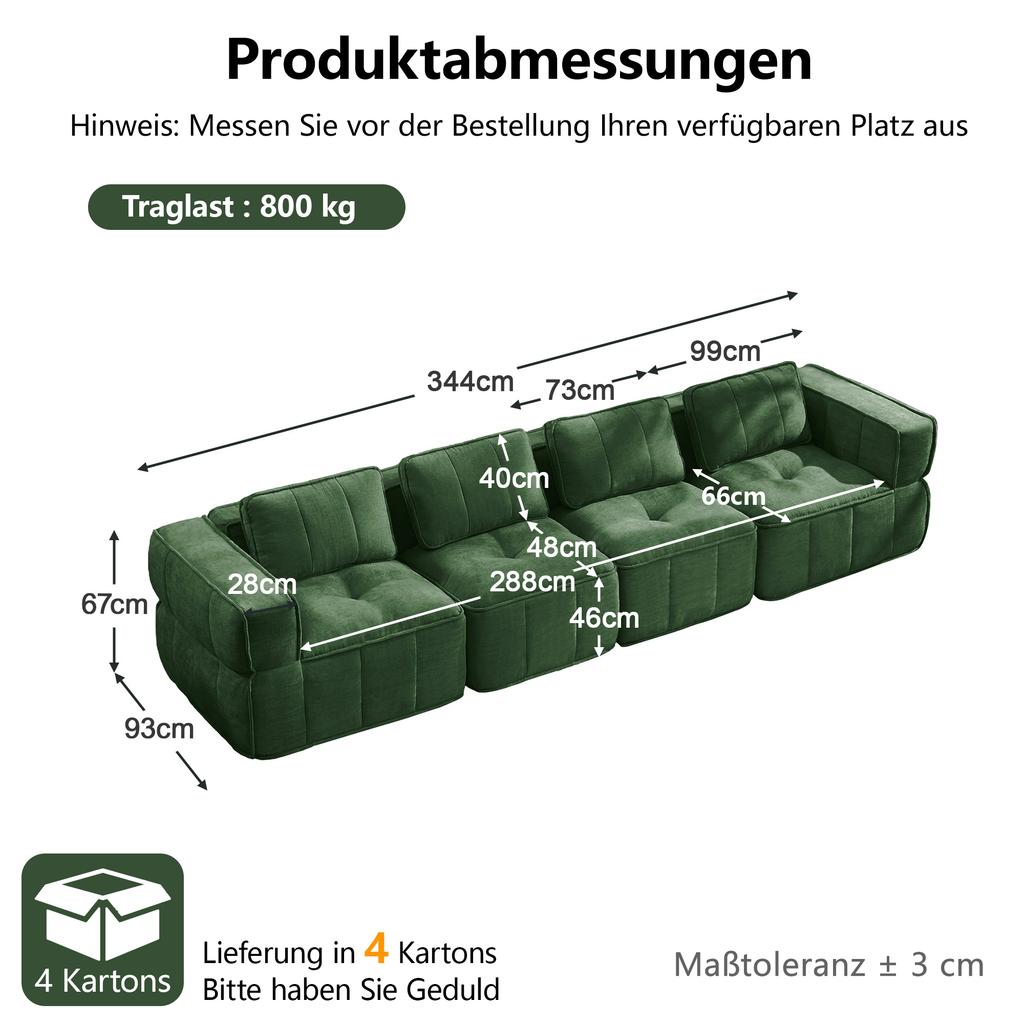 Sofá Nube Extra Grande de 4 Plazas sin Estructura, Modular, Espuma de Alta Densidad 32D, Agradable al Tacto, Tejido Suave, Antideslizante, No Requiere Montaje, Verde.