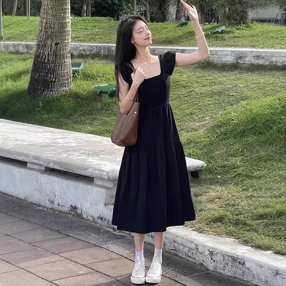 French Small Flying Sleeves Black Square Neck Sleeveless Dress Women's Summer Small Looking Thin Temperament Medium and Long Skirt New