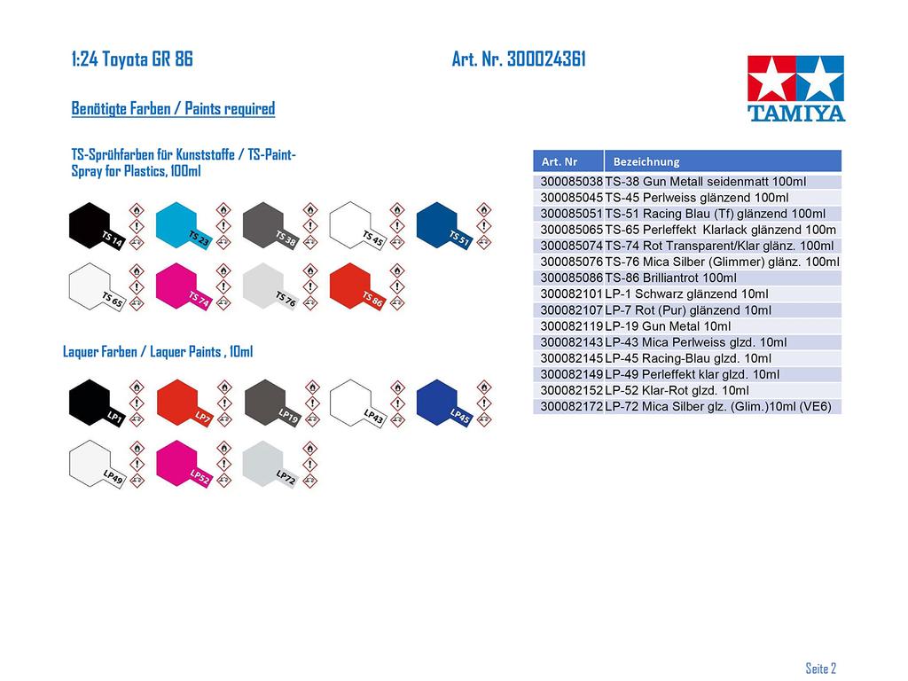 Tamiya 124 Sports Car Series No.361 Toyota GR86 Plastikový model 24361