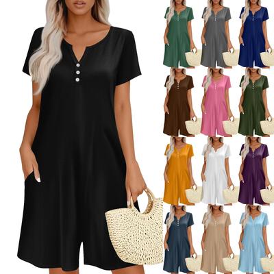 Womens Casual Short Sleeve Jumpsuit Fashion Top Jumpsuit Shorts Rompers With Pockets