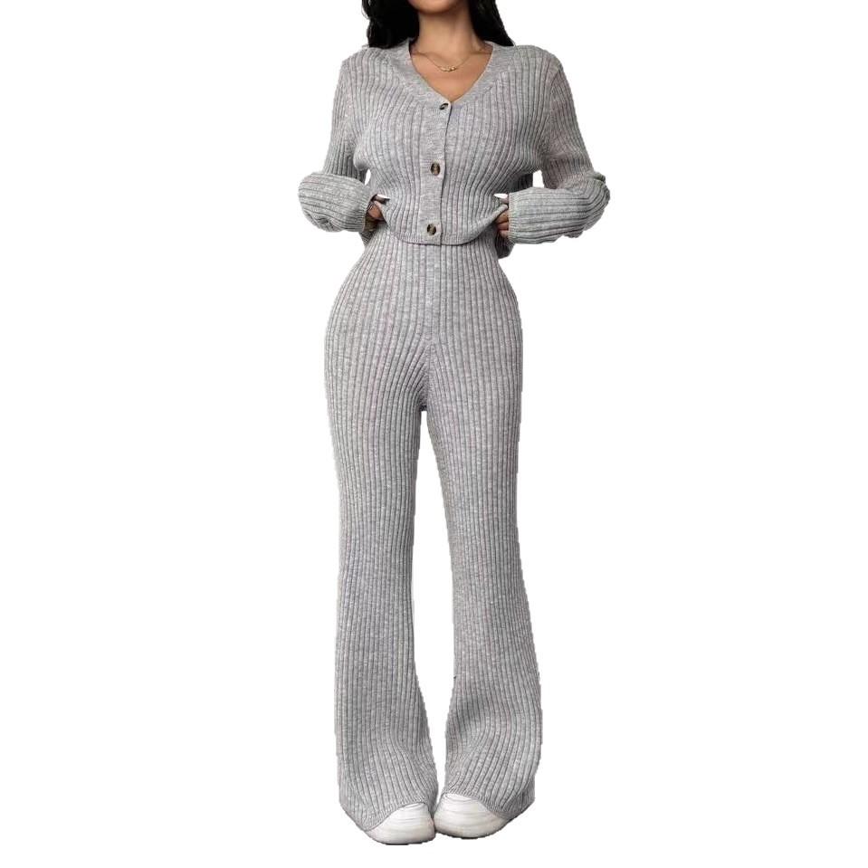 Korean-style Solid-color Knitted Two-piece Set, V-neck Short Knitted Cardigan, Slightly Flared Pants, Versatile Casual Women's Wear