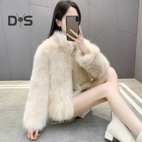Auutmn Winter Lady Cardigan Coat Furry Plush Stand Collar Heat Retention Long Sleeves Thickened Short Type Solid Color Faux Fur Jacket