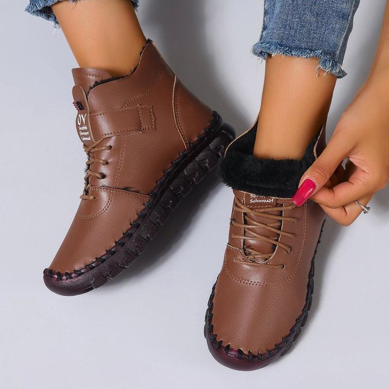 Damskie Retro Ręcznie Szyte Botki, Zimowe Buty na Grubej Podeszwie z Miękkim Futerkiem, Wygodne Obuwie Plus Size