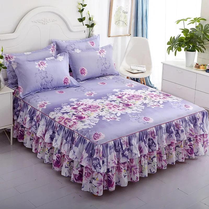 Double Layer Ruffled Bedroom Solid/Flower Pattern Cotton Bed Skirt Coverlets Elastic Tight Dust Cover Bedding
