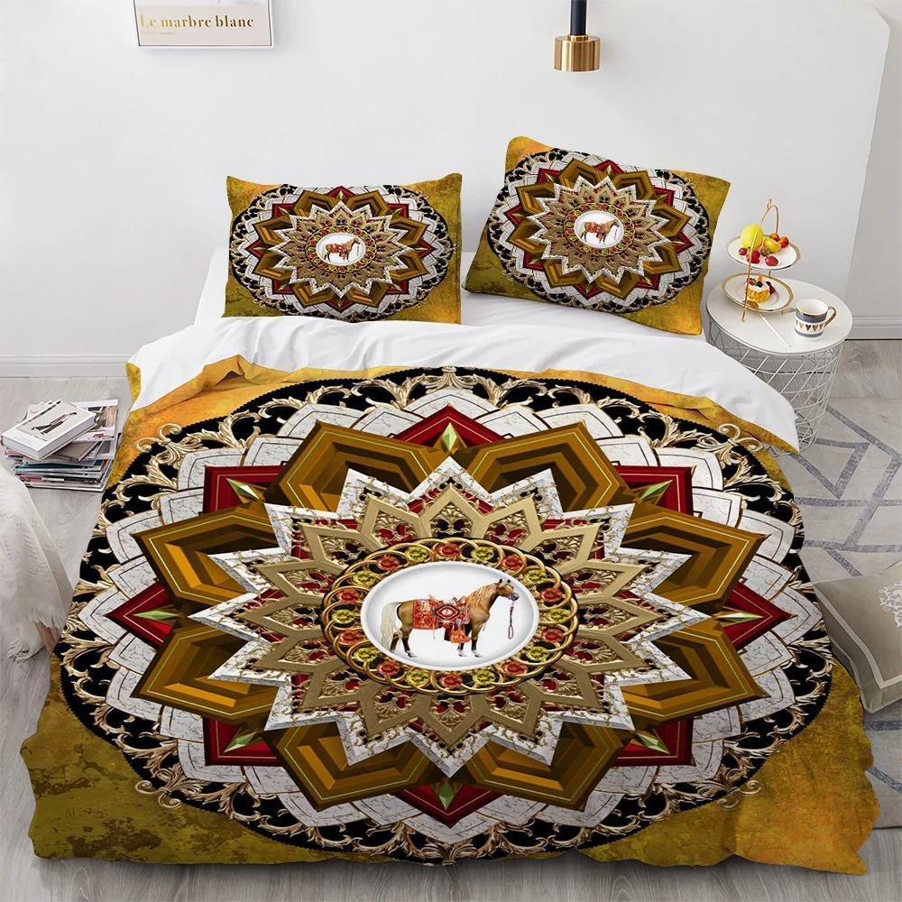 Mandala Duvet Cover Set Boho Style Horse Pattern Chic Polyester Comforter Cover King Twin Size for Teens Adults Boys Bedding Set