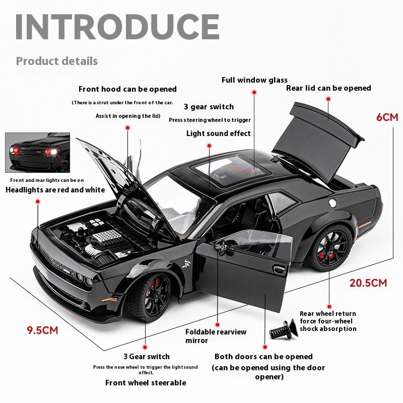1/24 Scale Dodge Challenger Hellcat Redeye Alloy Car Model Sound and Light Children Toy Birthday Gift Miniature Voiture