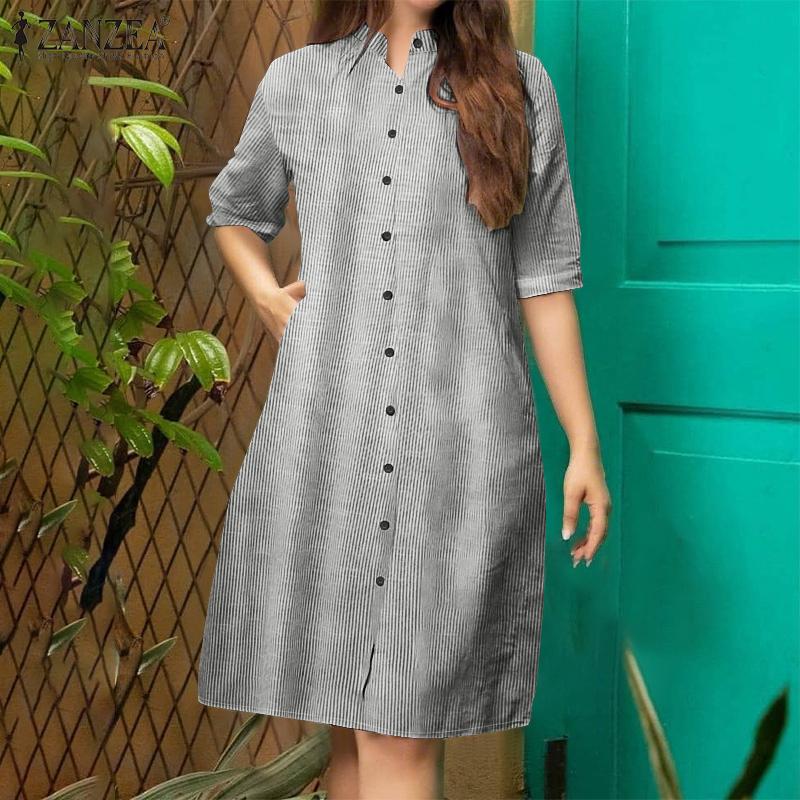 ZANZEA Women Stand Collar Casual Stand Collar Stripe Shirt Dress