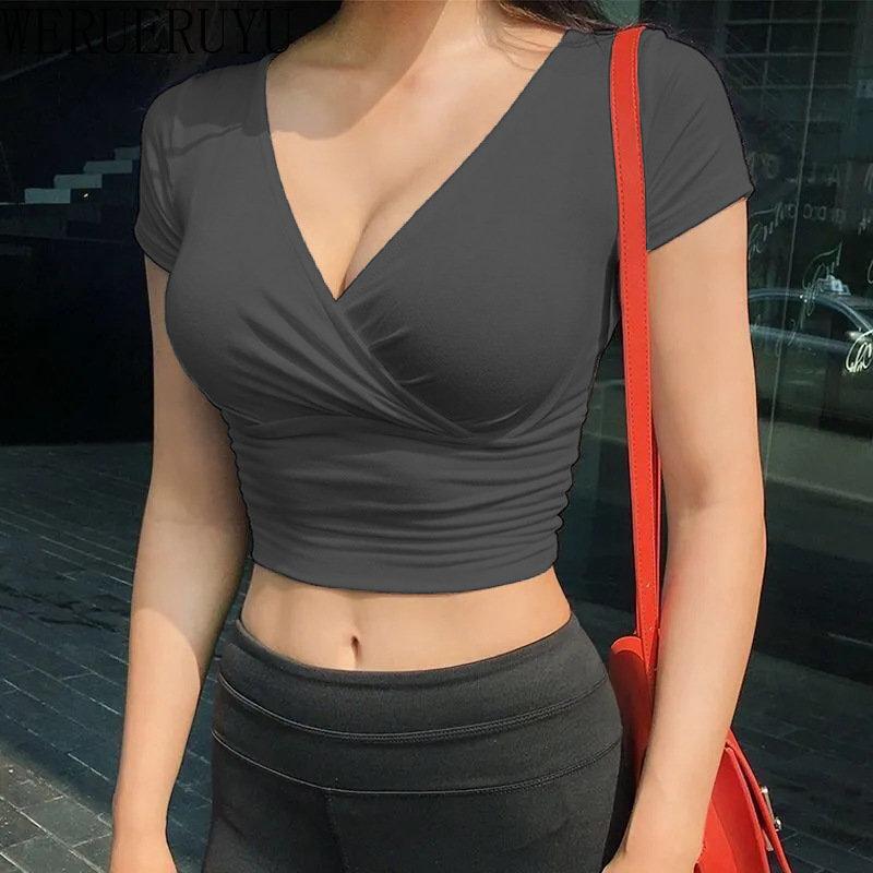 Nové léto Černé Sexy triko s výstřihem do V Krátký rukáv Y2k Crop Top Ženy Oblečení Streetwear Korejská móda Korzet Topy Trička