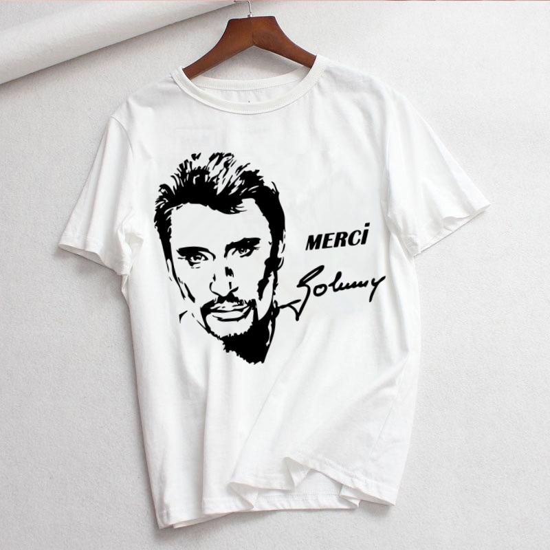 Johnny Hallyday Print T Shirt Women White and Black Shirts Fashion Round Neck Short Sleeve Cotton TShirt