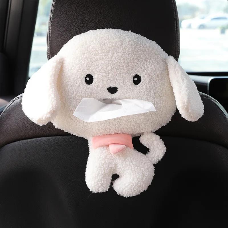 Cartoon Animal Car Tissue Box Creative Short Plush Armrest Tissue Box Car Seat Back Hanging Tissue Holder Cute Car Accessories