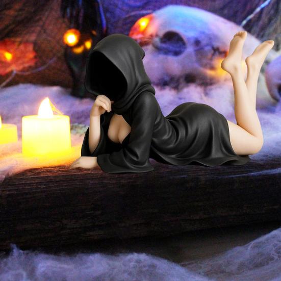 Gothic Bookshelf Sculpture Sexy Black Robe Female Figure Resin Spooky Woman Figurine for Halloween Desktop Decoration