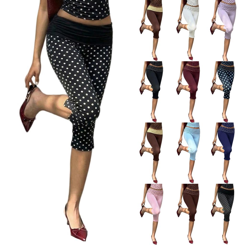 Dámské úzké capri kalhoty s puntíkovaným potiskem a řasenými detaily Pružné zkrácené kalhoty pro volný čas