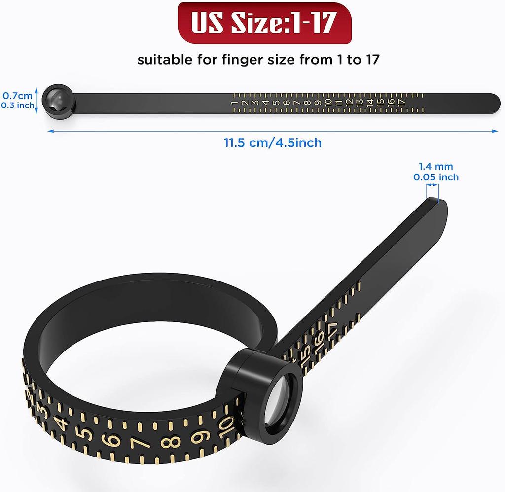 Ring Sizer,  Sizer Measuring Tool, Reusable Finger Size Tape with Magnified Glass, Clear and Accurate Jewelry Sizing Tool 1-17 USA Rings