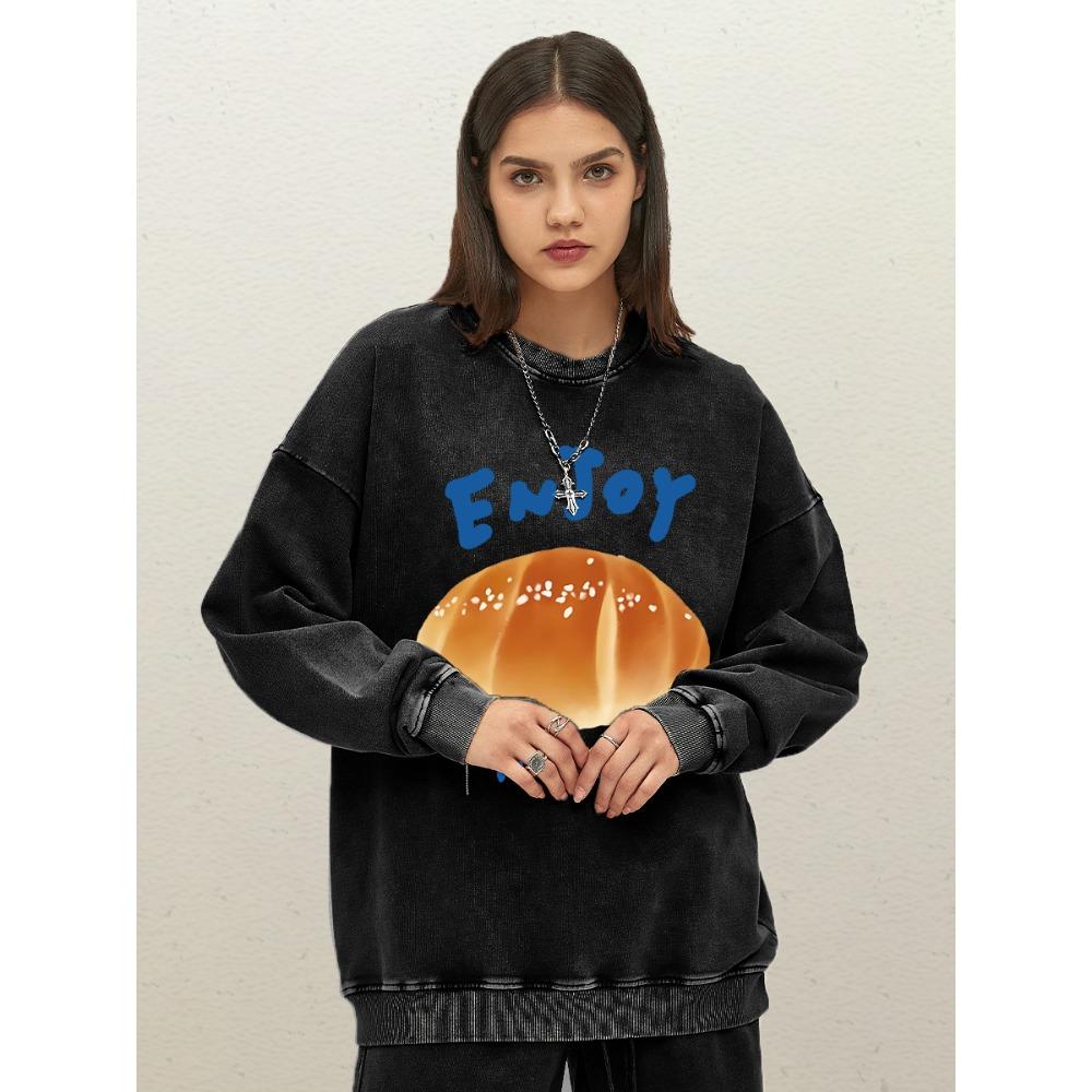 

Наслаждайтесь Хаму Круассан Сладкие Принты Выстиранный Свитшот Женский Свободный Пуловер с Круглым Вырезом Модная Хлопковая Одежда Осень 3XL