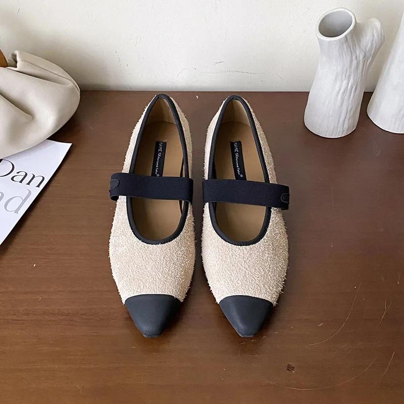 Fashion Cute Mixed Color Fauxe Suede Mary Jane Shoes Women Internal Height Increase Design Flats Elastic Strap Ballet Shoes for Women