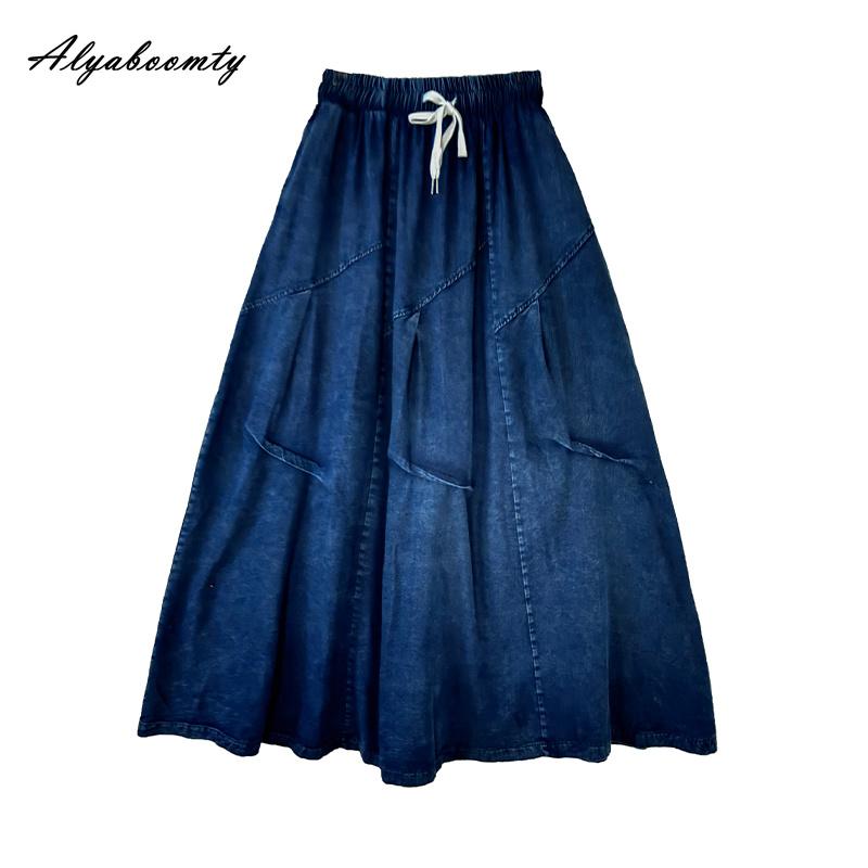 Plus Size Autumn Spring Women Maxi Long Skirt High Waist Drawstring Oversized Blue Denim Skirt Stylish Baggy Classical Ladies' Skirt