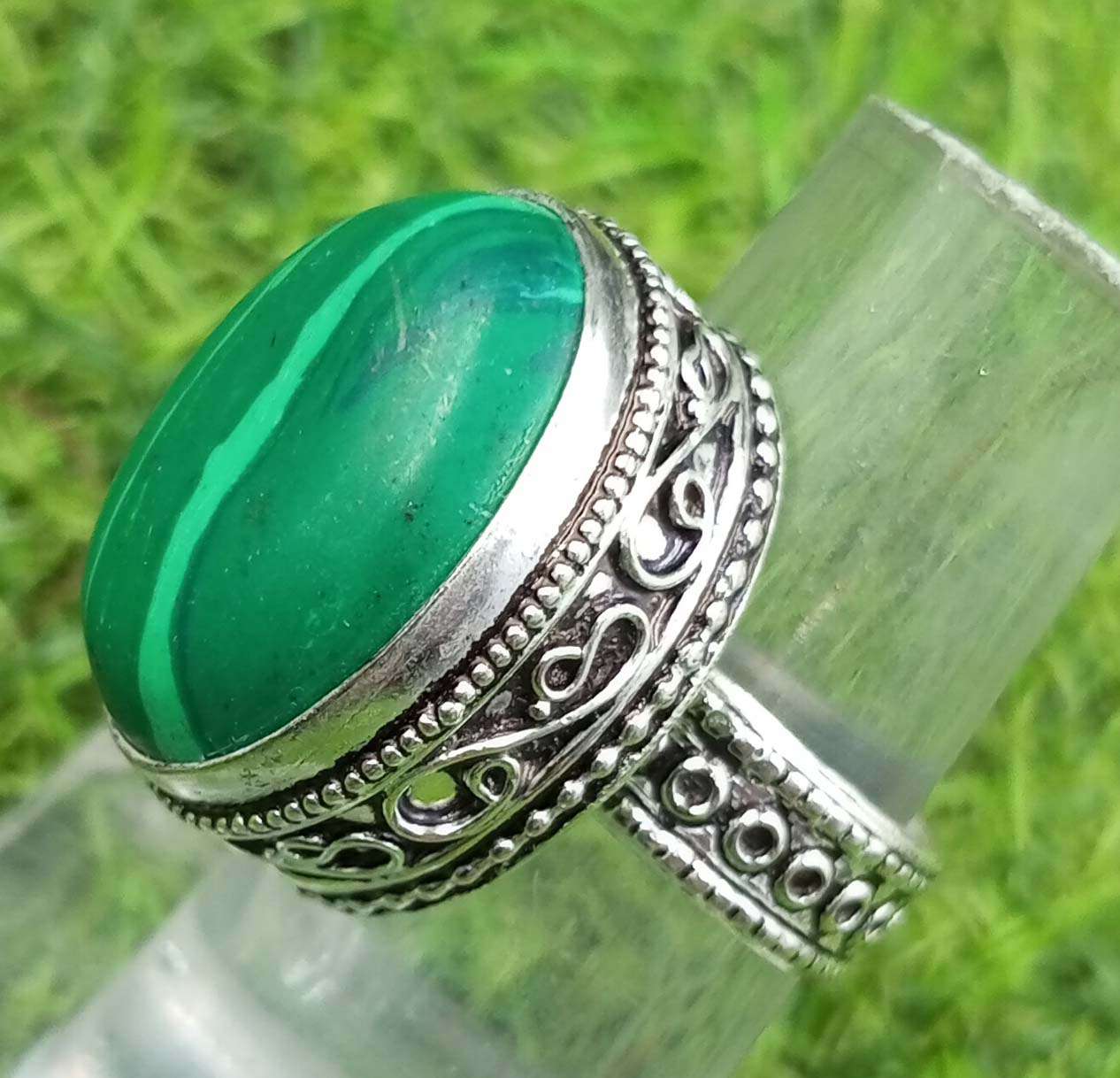 

Малахитовый драгоценный камень 925 пробы с серебряным покрытием антикварное винтажное кольцо США SZ 8 ювелирные изделия AVRF128