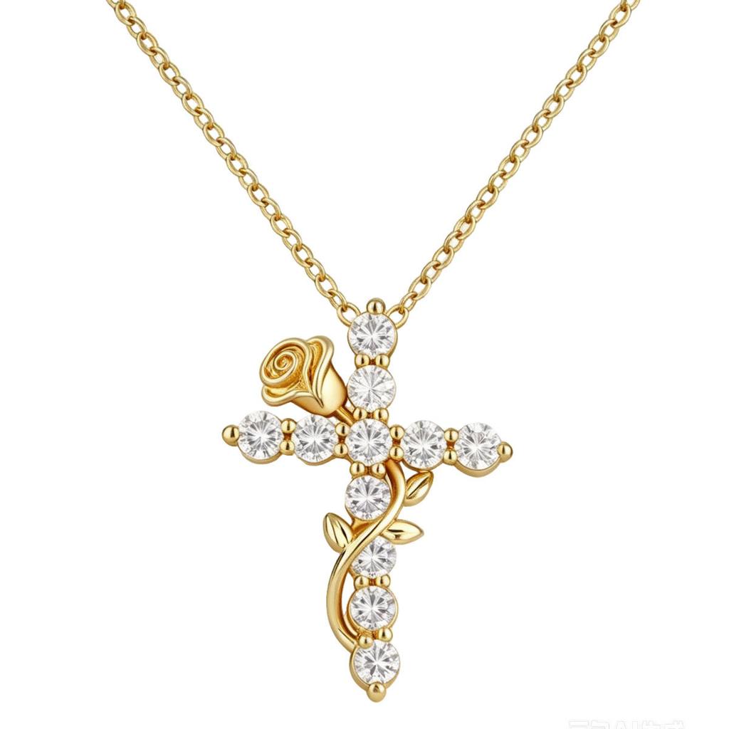 Hot Sale Ladies Necklace, Personalized Cross Rose with Zircon Design Clavicle Chain Versatile Necklace
